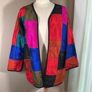 Vintage Chico's Design Silk Colorful Patchwork Embroidered Open Front Jacket 2 L
